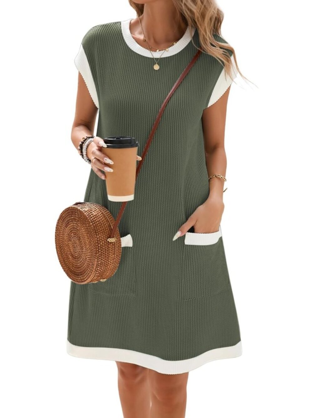Women's Army Green Ribbed Textured Cap Sleeve T-Shirt Dress Crewneck Sundress